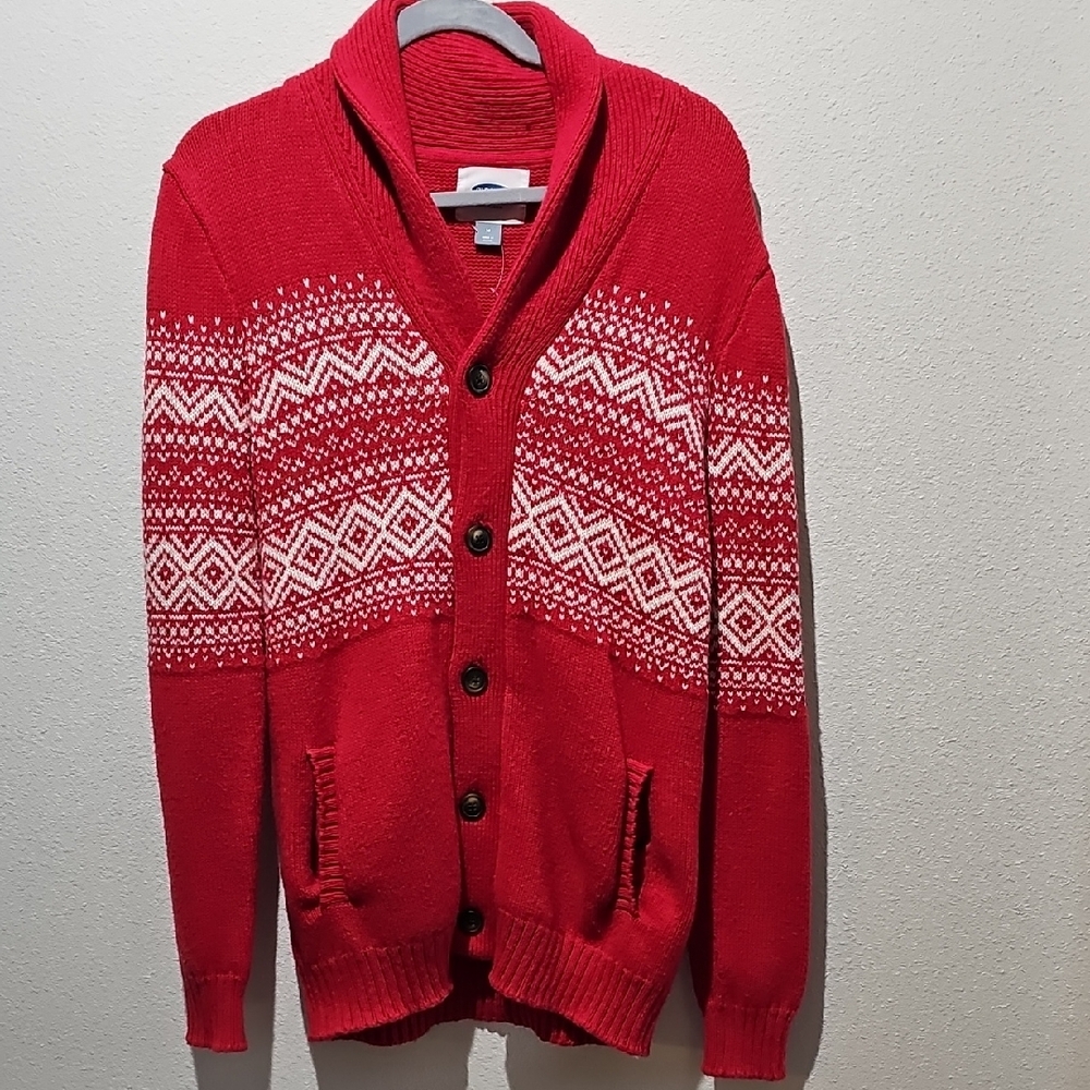 Old Navy Red and White Cardigan Sweater with Fair Isle Pattern